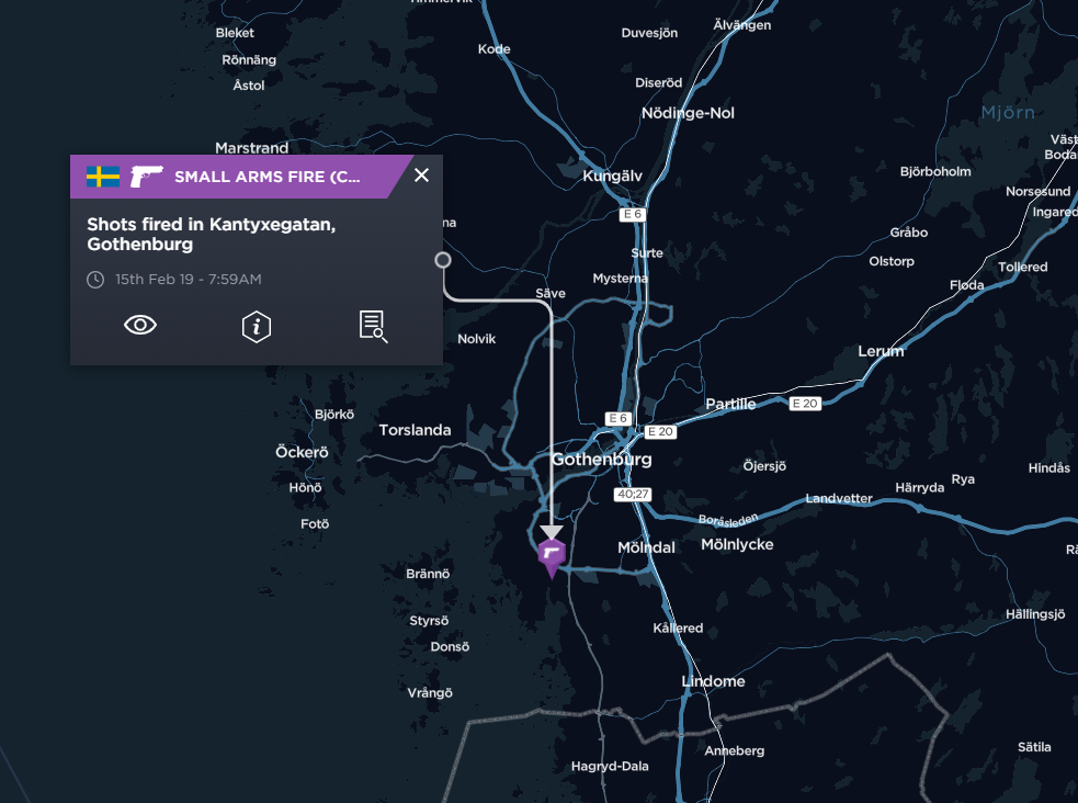 A map showing the sngle shooting incident in Gothenburg in 2019 so far. 